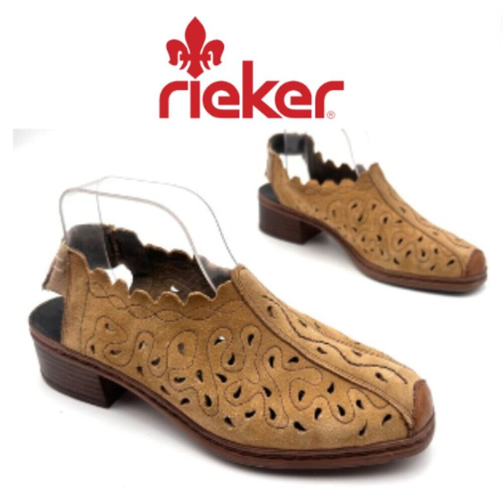 Rieker ANTISTRESS suede beige tan elastic back slingback open heel shoes SIZE 8